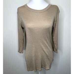 Michael Stars Shirt Top Women's OS Original Tee Tan Metallic 3/4 Sleeve Stretchy